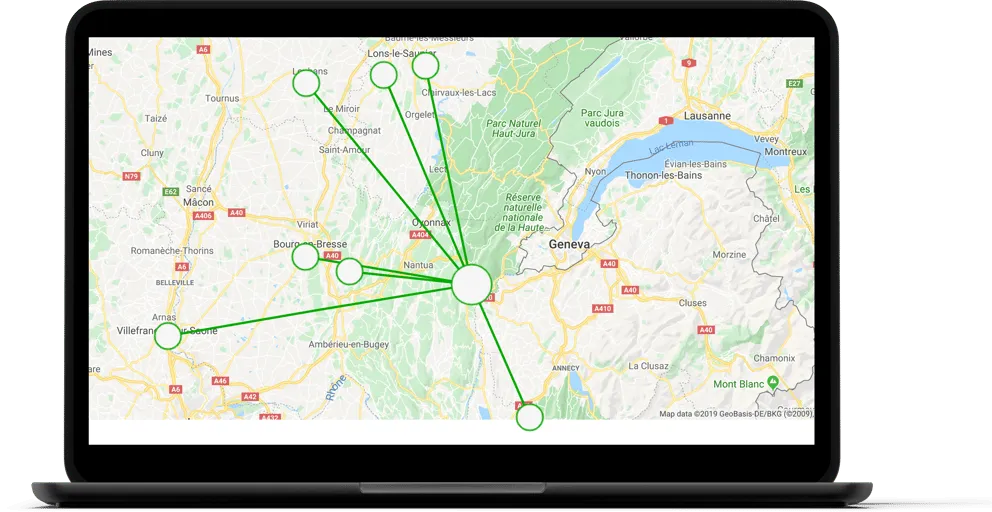 InControl 2 Abonnement (2-Jahre) zeigt Netzwerkplanung auf einer Karte mit Genf und Genfersee als zentralem Knotenpunkt für InControl 2 Abonnement (2-Jahre) zeigt Netzwerkplanung auf einer Karte mit Genf und Genfersee als zentralem Knotenpunkt für