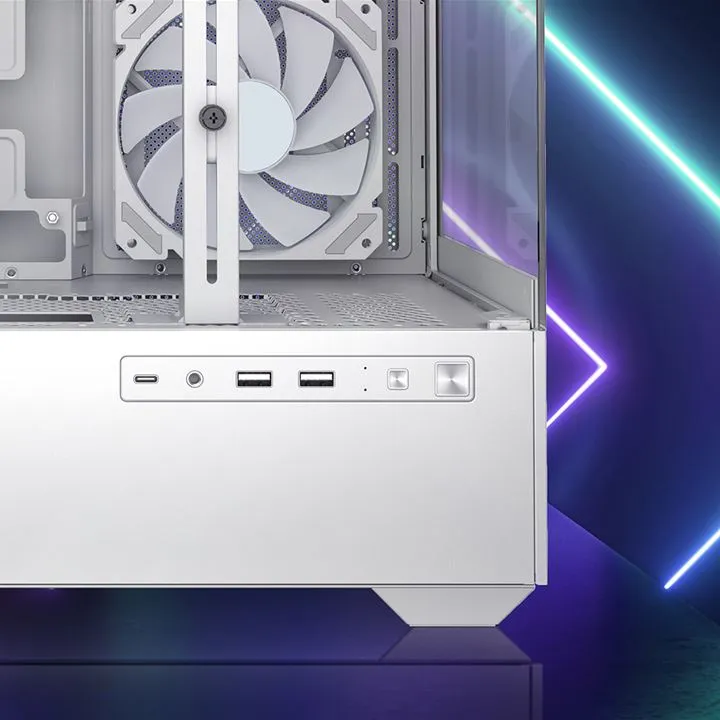 Weißes Sharkoon AK6 RGB ATX-Gehäuse mit Glas-Seitenpanel, Front-I/O (USB-C, Audio, USB-A) und beleuchtetem Innenraum mit Weißes Sharkoon AK6 RGB ATX-Gehäuse mit Glas-Seitenpanel, Front-I/O (USB-C, Audio, USB-A) und beleuchtetem Innenraum mit