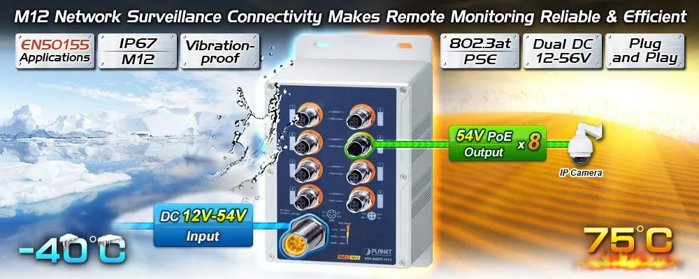 PLANET Industrial 8-Port M12. 4pin 802.3at PoE+ Switch
