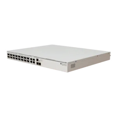 Alimentatore Hot Swap MikroTik 12V 150W -48V DC per telecomunicazioni, switch rack bianco con porte Ethernet e logo Alimentatore Hot Swap MikroTik 12V 150W -48V DC per telecomunicazioni, switch rack bianco con porte Ethernet e logo