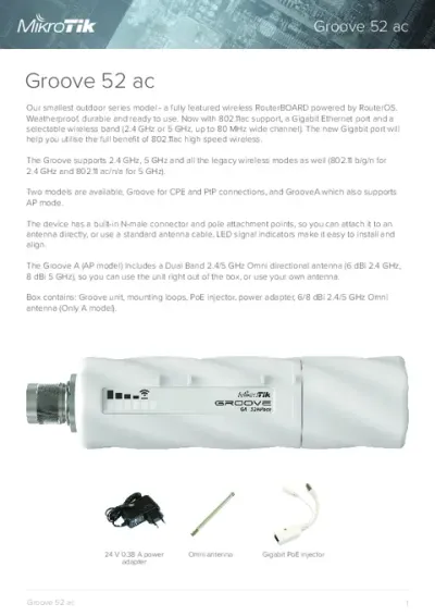 Dispositivo wireless MikroTik GrooveA 52 ac con logo e accessori PoE, antenna omnidirezionale e alimentatore in confezione.