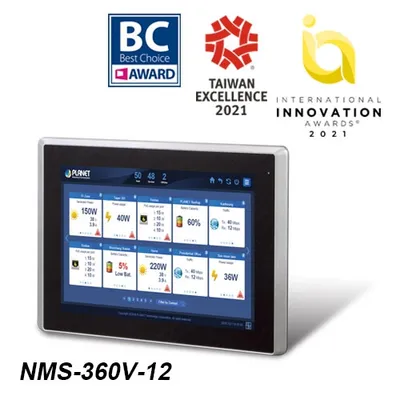 Controlador NMS-360 para gestión de energía renovable con pantalla táctil mostrando métricas de tráfico y consumo en un Controlador NMS-360 para gestión de energía renovable con pantalla táctil mostrando métricas de tráfico y consumo en un