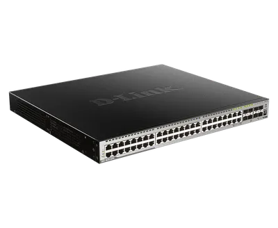 Switch D-Link DGS-3630-52PC/SI 52 porte Layer 3 Gigabit PoE Stack con 48 porte RJ45, 4 SFP e LED di stato in rack nero.