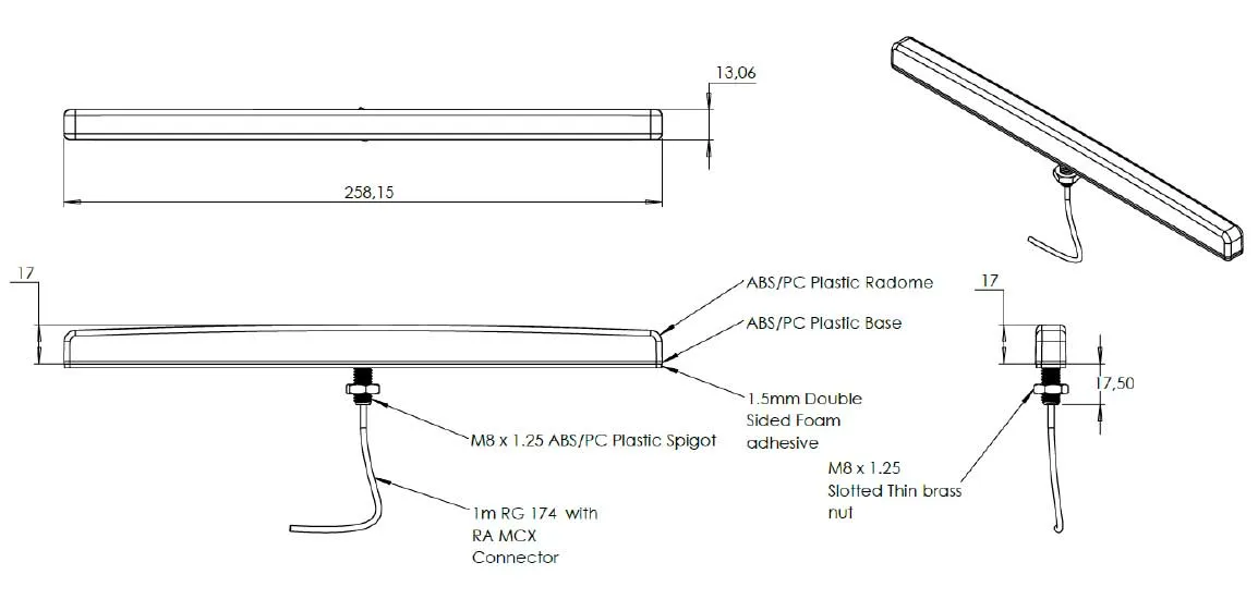 Antenne Poynting A-DASH-0003-V1 blanche LTE/GSM ultra-plate pour compteurs intelligents, schéma technique avec vues