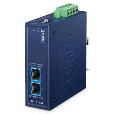 Convertitore media industriale PLANET IXT-815AT blu scuro con due porte RJ45 10G, LED di stato, blocco terminale verde e Convertitore media industriale PLANET IXT-815AT blu scuro con due porte RJ45 10G, LED di stato, blocco terminale verde e