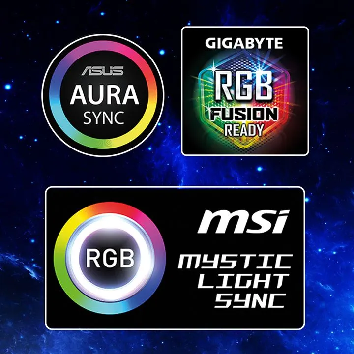 Sharkoon VG6-W RGB ATX case compatibile con ASUS Aura Sync, Gigabyte RGB Fusion e MSI Mystic Light su sfondo stellato blu