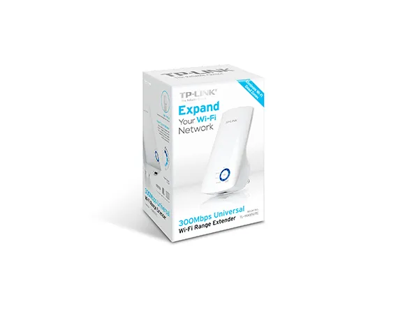 TP-Link TL-WA850RE 300Mbps WLAN-Repeater in weißer Verkaufsverpackung mit TP-Link Logo, blauem LED-Ring Gerätebild und
