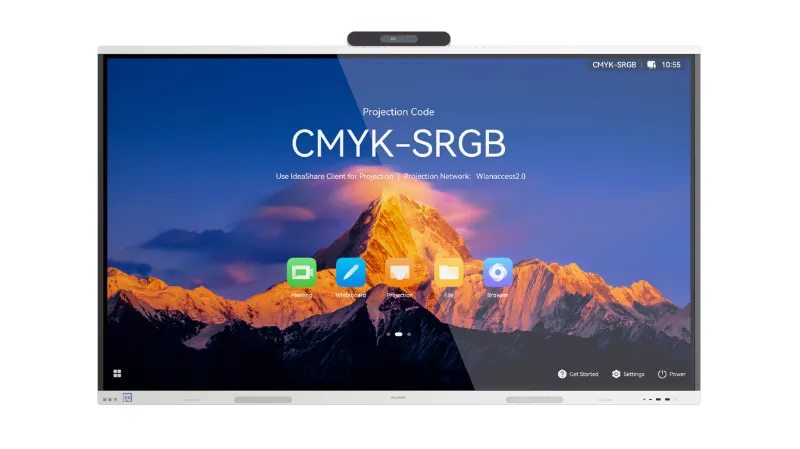 HUAWEI IdeaHub S3 75-inch infrared collaboration display in jade white showing mountain wallpaper with app icons for