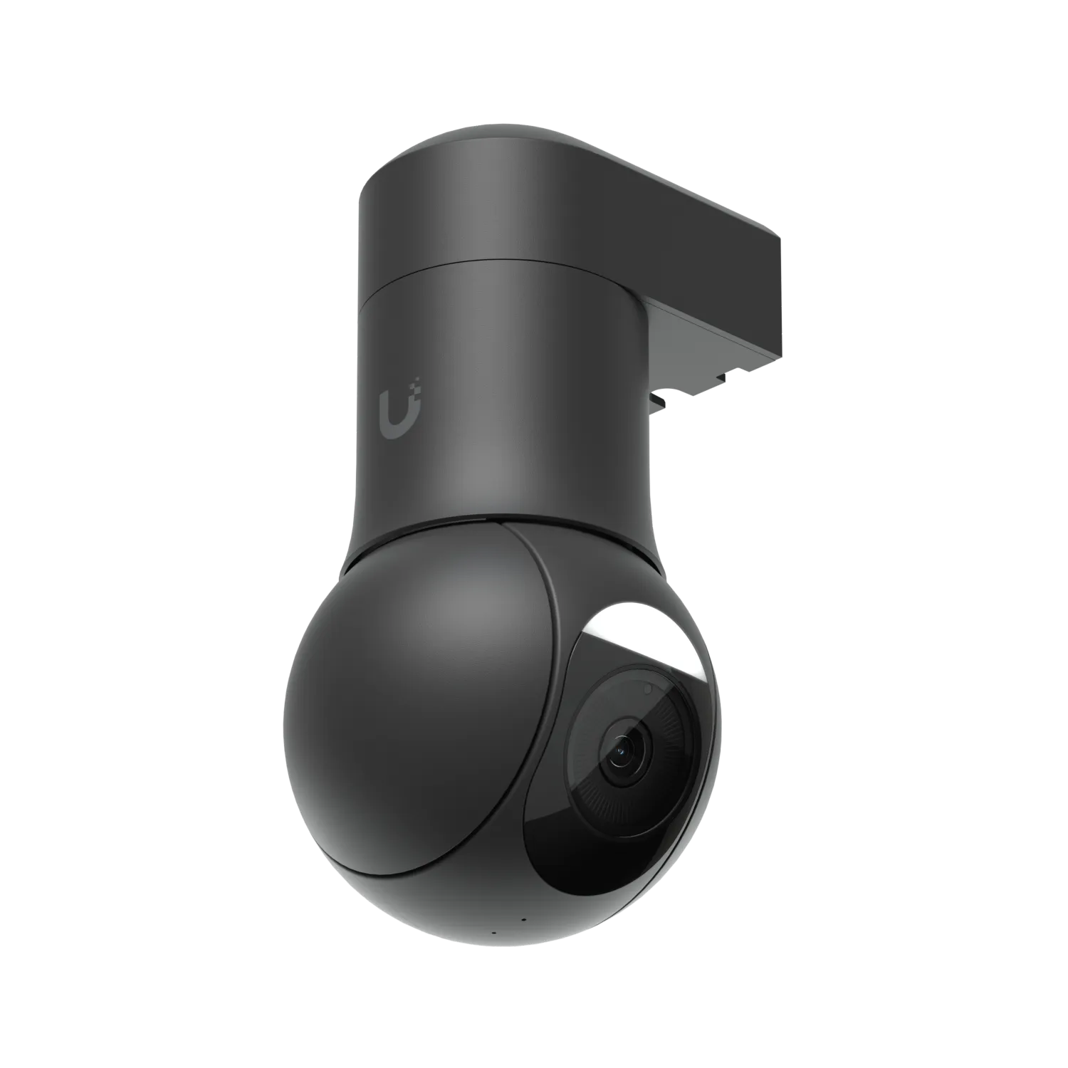 Ubiquiti UVC-G5-PTZ white PTZ security camera with spherical lens and rectangular base shown at an angle on a black Ubiquiti UVC-G5-PTZ white PTZ security camera with spherical lens and rectangular base shown at an angle on a black