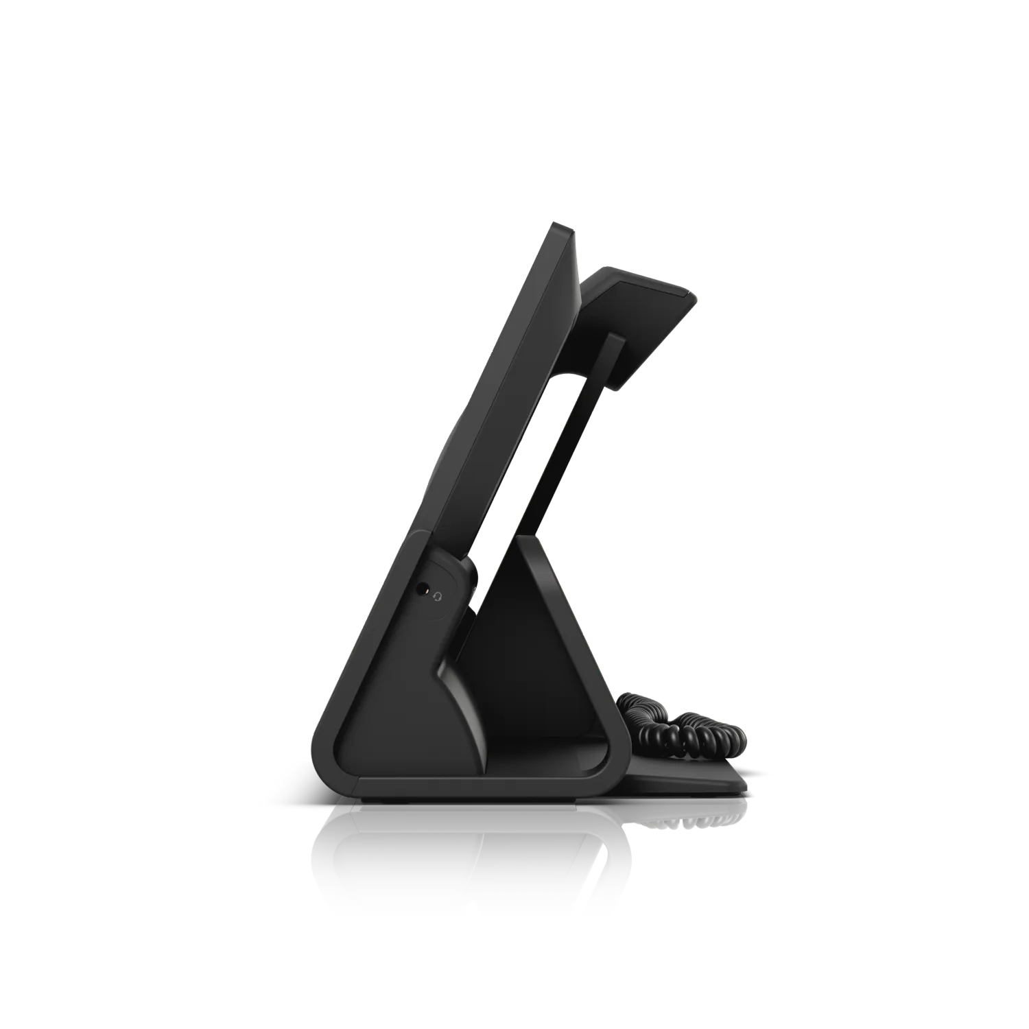Ubiquiti UniFi Talk Phone G3 Touch с наклонным экраном и спиральным шнуром трубки на чёрном фоне с отражением.