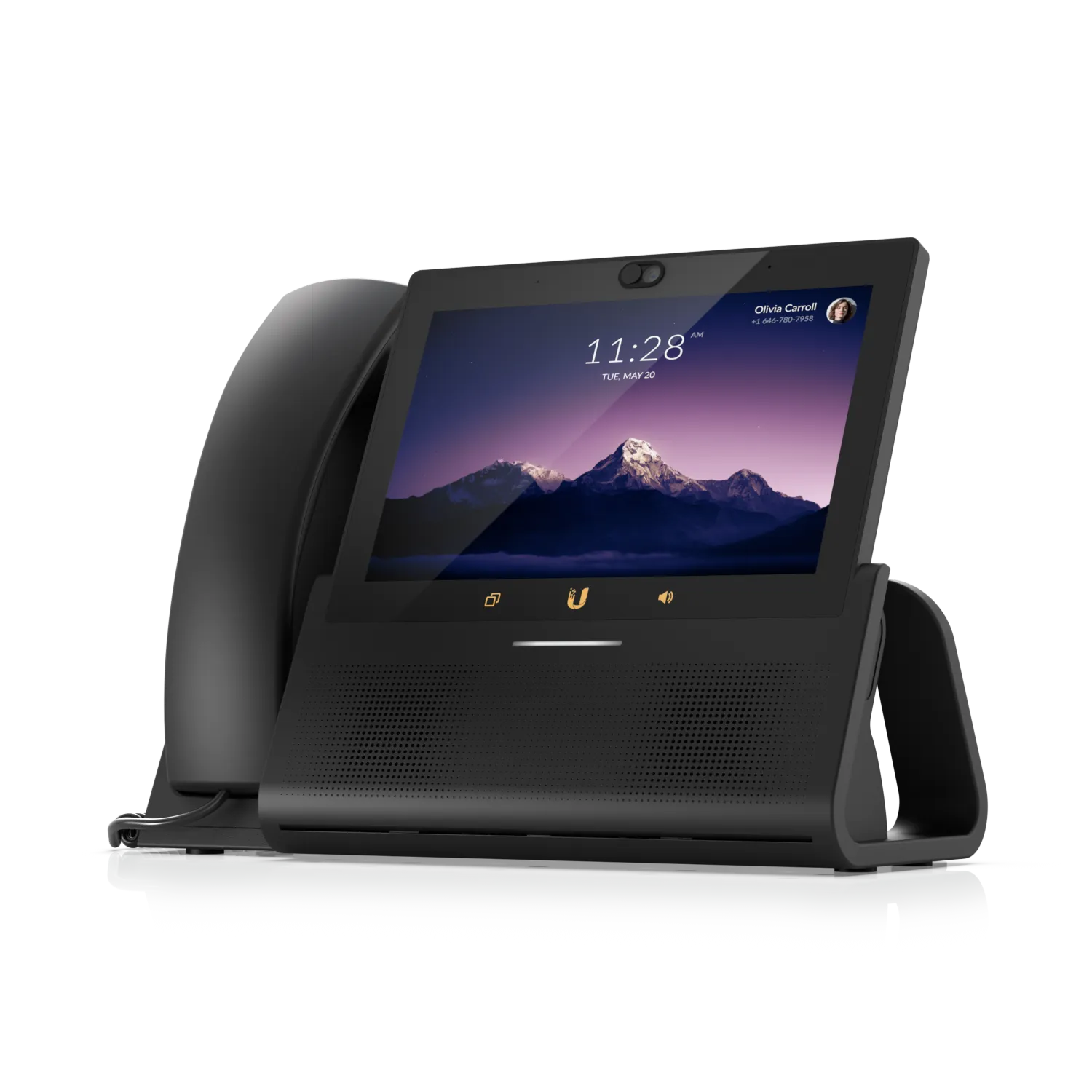 Ubiquiti UTP-TouchMax-White-U desktop VoIP phone with angled touchscreen showing mountain wallpaper, incoming call at 11:28
