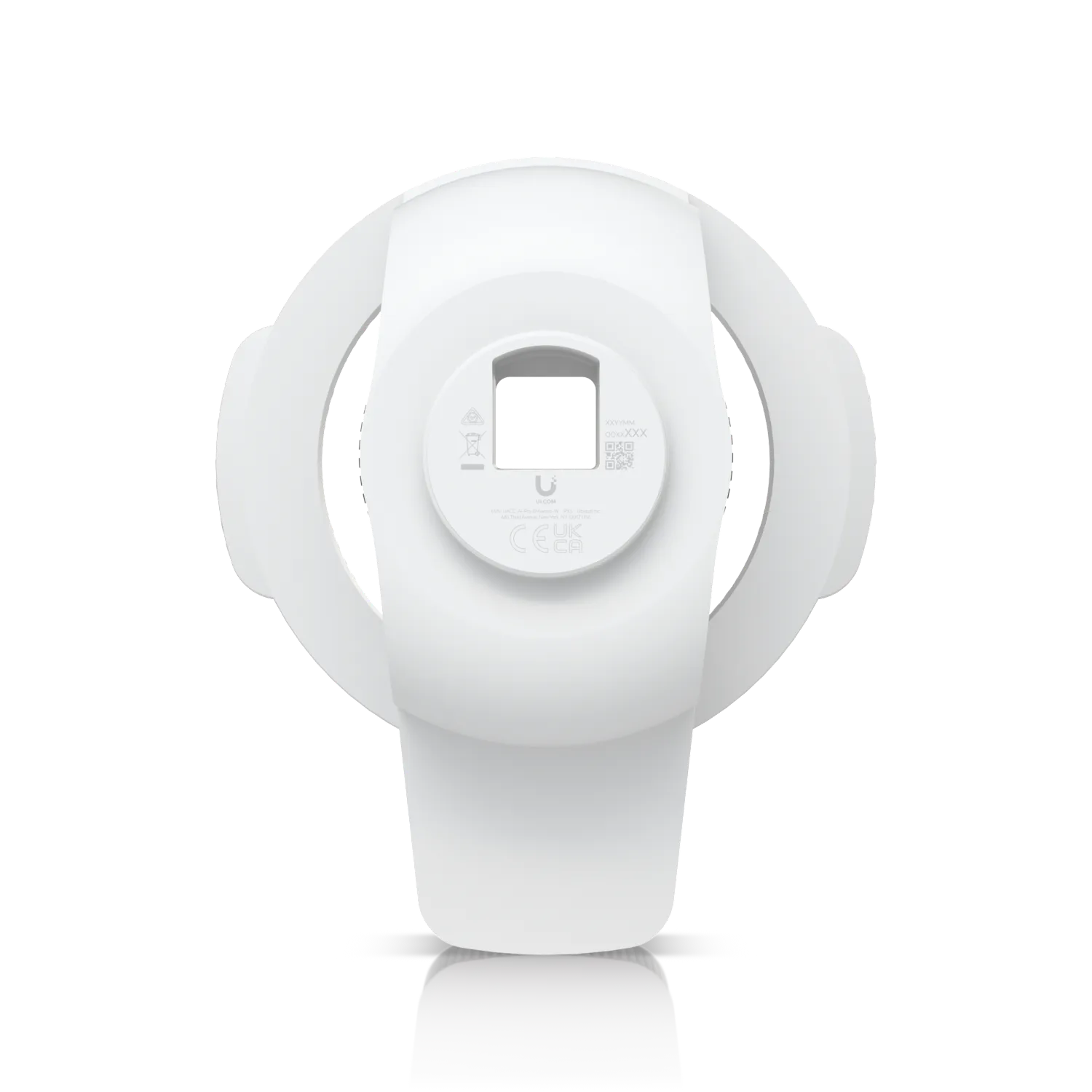 Telecamera UniFi AI Long-Range IR con faro, retro della base bianca circolare con porta quadrata, logo Ubiquiti e QR code Telecamera UniFi AI Long-Range IR con faro, retro della base bianca circolare con porta quadrata, logo Ubiquiti e QR code