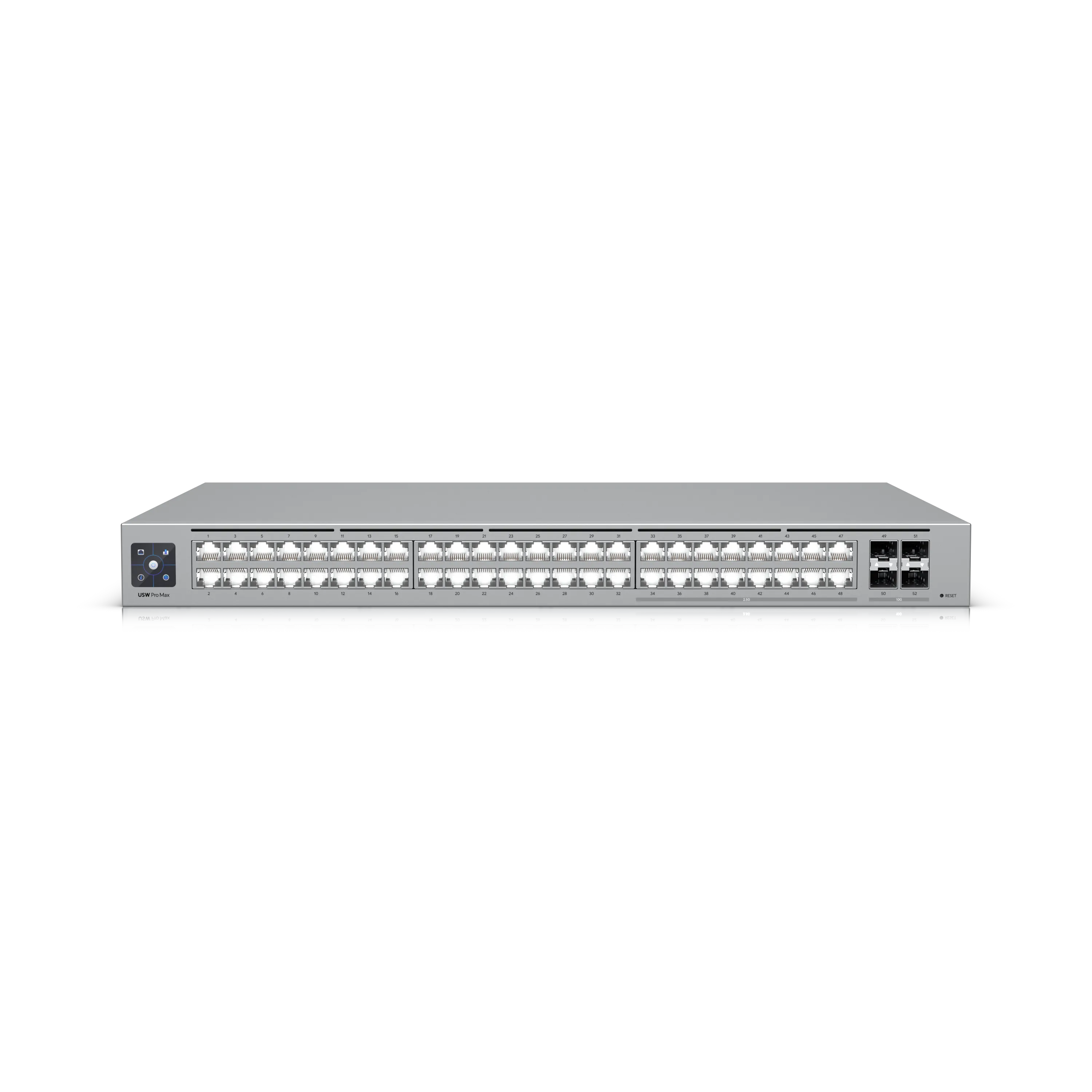 Ubiquiti UniFi Switch USW-Pro-Max-48-POE 720W PoE++ mit 48 Ethernet-Ports, SFP+-Anschlüssen und Display in Frontansicht für Ubiquiti UniFi Switch USW-Pro-Max-48-POE 720W PoE++ mit 48 Ethernet-Ports, SFP+-Anschlüssen und Display in Frontansicht für