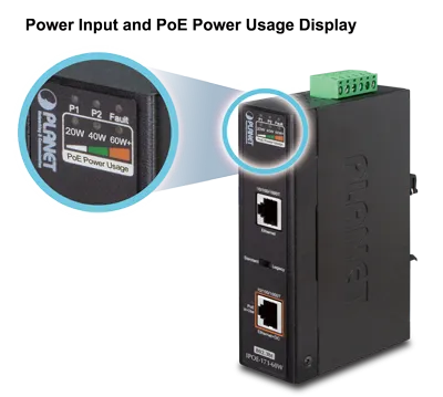 Iniettore PoE industriale PLANET Ultra 60W con porte Ethernet e blocco terminale verde, dettaglio LED e scala potenza