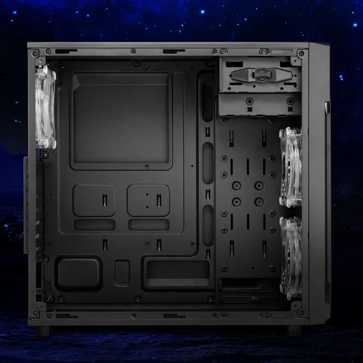 Sharkoon VG6-W case ATX RGB con pannello laterale rimosso, interno nero con ventole RGB, alloggiamenti per drive e area