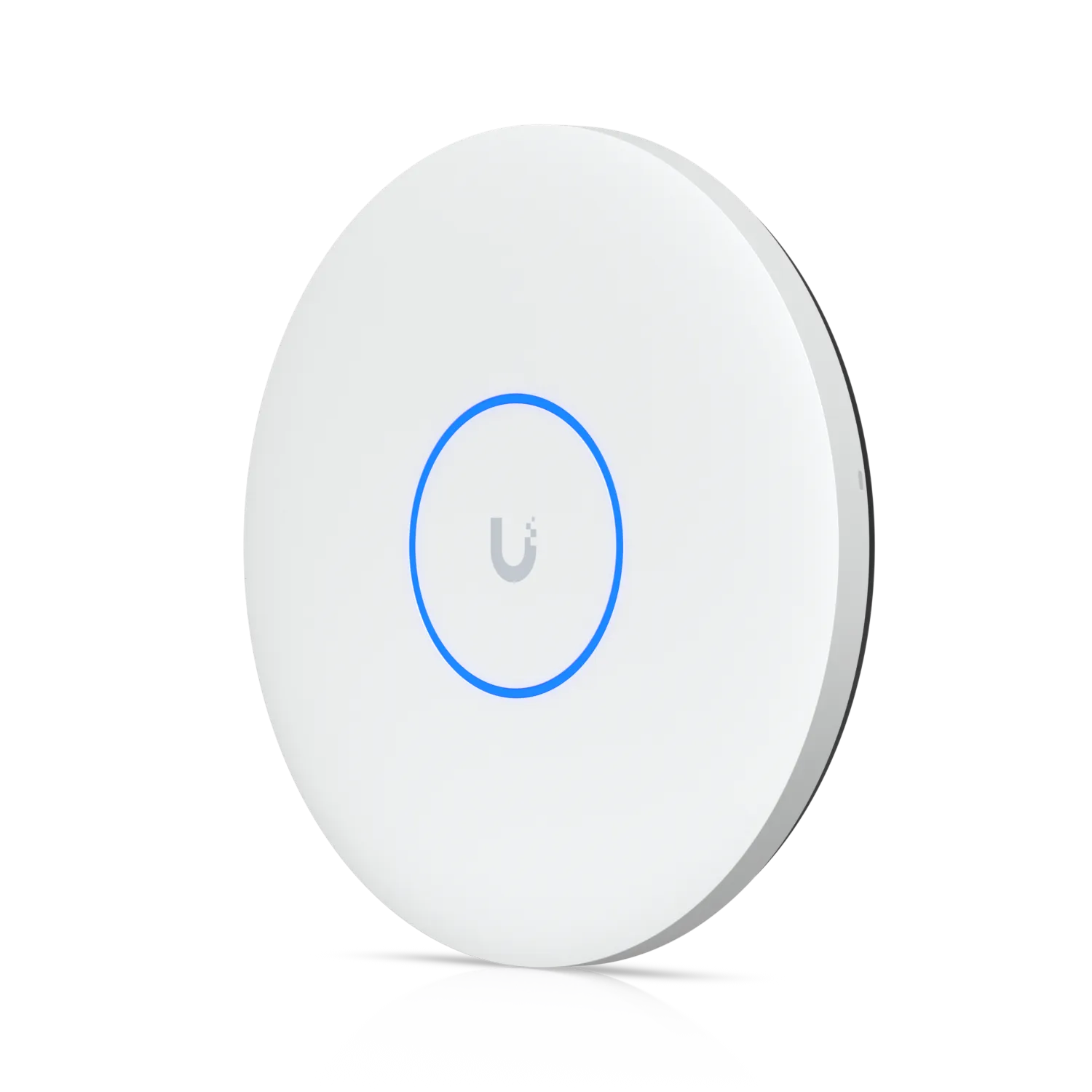 Ubiquiti UniFi AP U7-PRO XGS wireless access point with slim white circular design, central logo, and blue ring light on Ubiquiti UniFi AP U7-PRO XGS wireless access point with slim white circular design, central logo, and blue ring light on