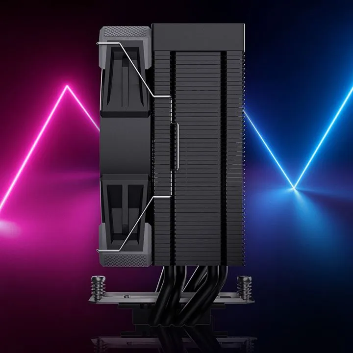Sharkoon CPU-Kühler A40 120mm RGB mit schwarzem Turmkühler, seitlicher Ansicht und Neon-Hintergrundbeleuchtung. Sharkoon CPU-Kühler A40 120mm RGB mit schwarzem Turmkühler, seitlicher Ansicht und Neon-Hintergrundbeleuchtung.