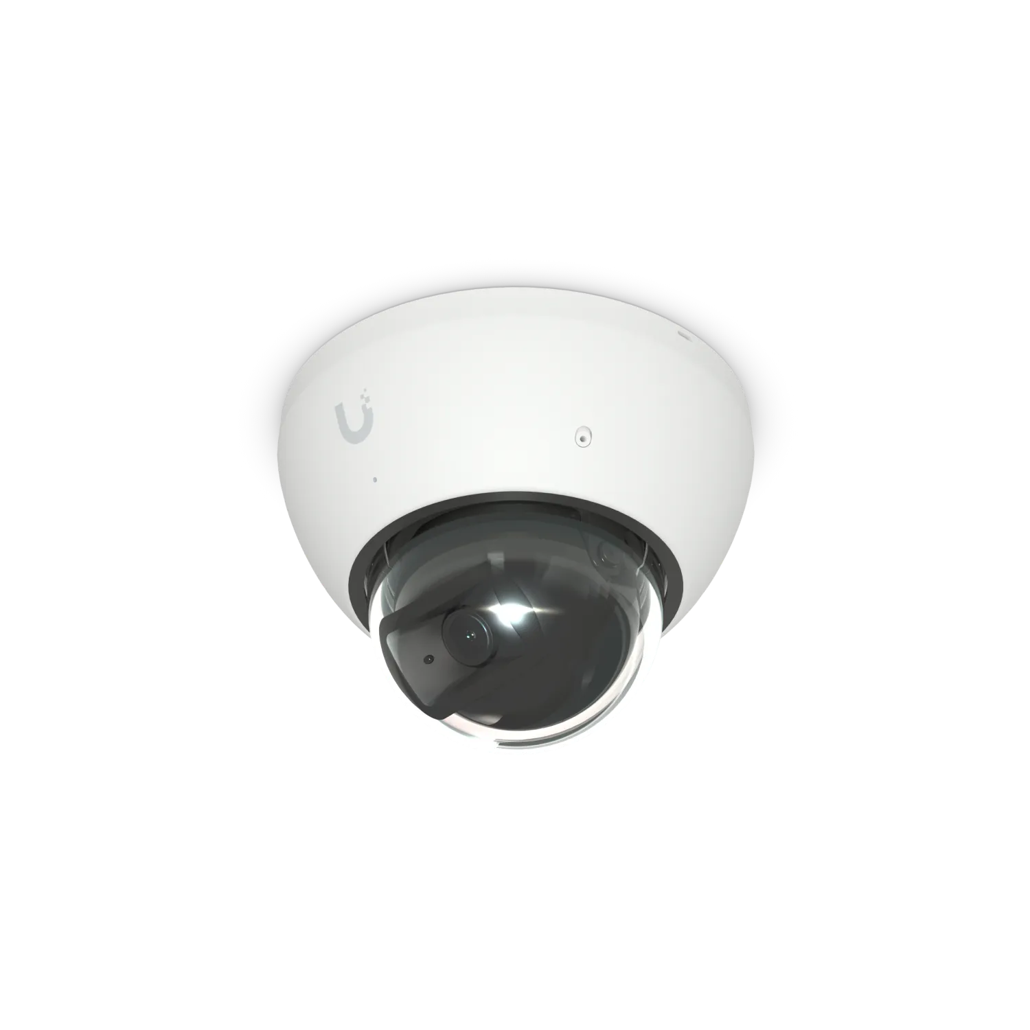 Weiße Ubiquiti UVC-AI-Dome 4K PoE-Kamera mit KI und IR-Nachtsicht von unten gezeigt, schwarzer Kameramodul unter getöntem Weiße Ubiquiti UVC-AI-Dome 4K PoE-Kamera mit KI und IR-Nachtsicht von unten gezeigt, schwarzer Kameramodul unter getöntem