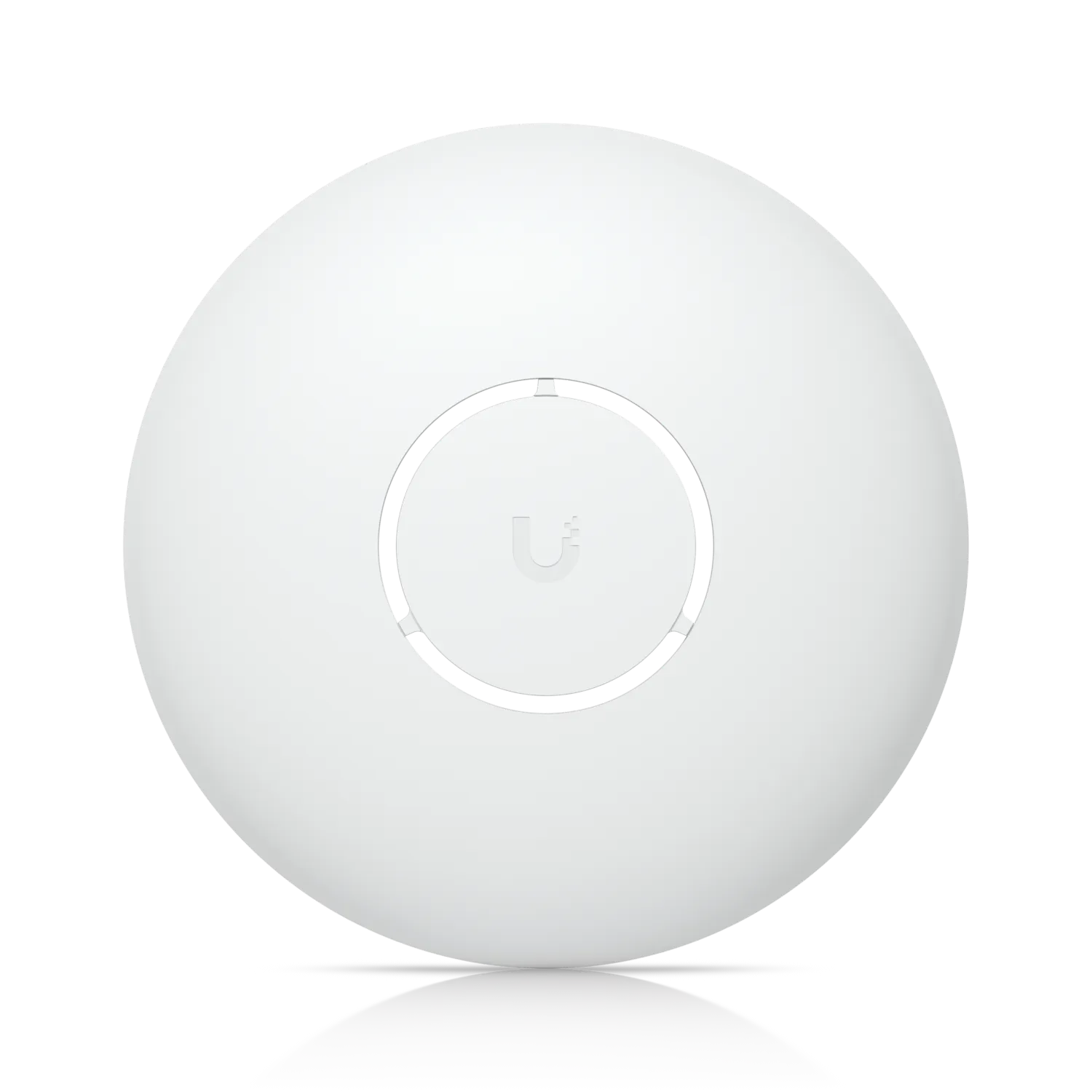 Ubiquiti U7 Paintable Cover, white circular access point cover with central cutout and logo on a reflective black surface. Ubiquiti U7 Paintable Cover, white circular access point cover with central cutout and logo on a reflective black surface.