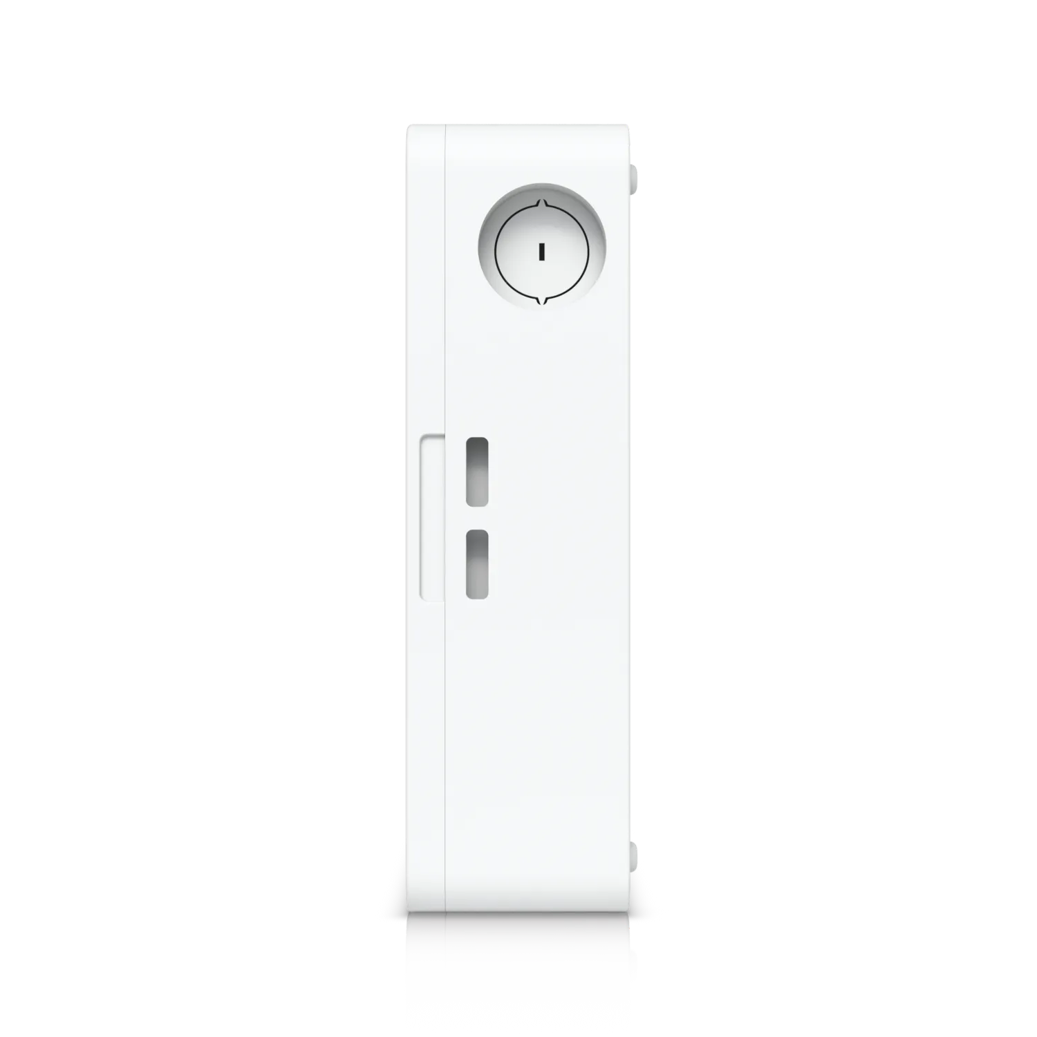 Ubiquiti Access Hub Enterprise Grade, weißes rechteckiges Zugangskontrollgerät mit kreisförmigem Leser und zwei vertikalen Ubiquiti Access Hub Enterprise Grade, weißes rechteckiges Zugangskontrollgerät mit kreisförmigem Leser und zwei vertikalen