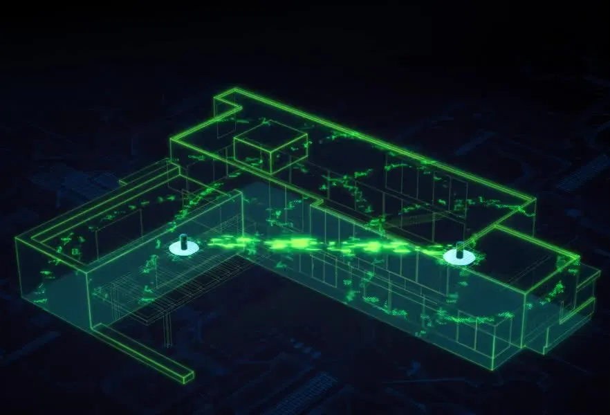 Router Ubiquiti AmpliFi Alien WiFi6, pianta 3D con copertura WiFi verde che si espande nelle stanze di un edificio. Router Ubiquiti AmpliFi Alien WiFi6, pianta 3D con copertura WiFi verde che si espande nelle stanze di un edificio.