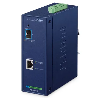 Convertitore media PLANET IXT-900-1X1T 10G rame a SFP+ con porta RJ45 10GBASE-T e slot SFP+ 10GBASE-X su chassis blu Convertitore media PLANET IXT-900-1X1T 10G rame a SFP+ con porta RJ45 10GBASE-T e slot SFP+ 10GBASE-X su chassis blu