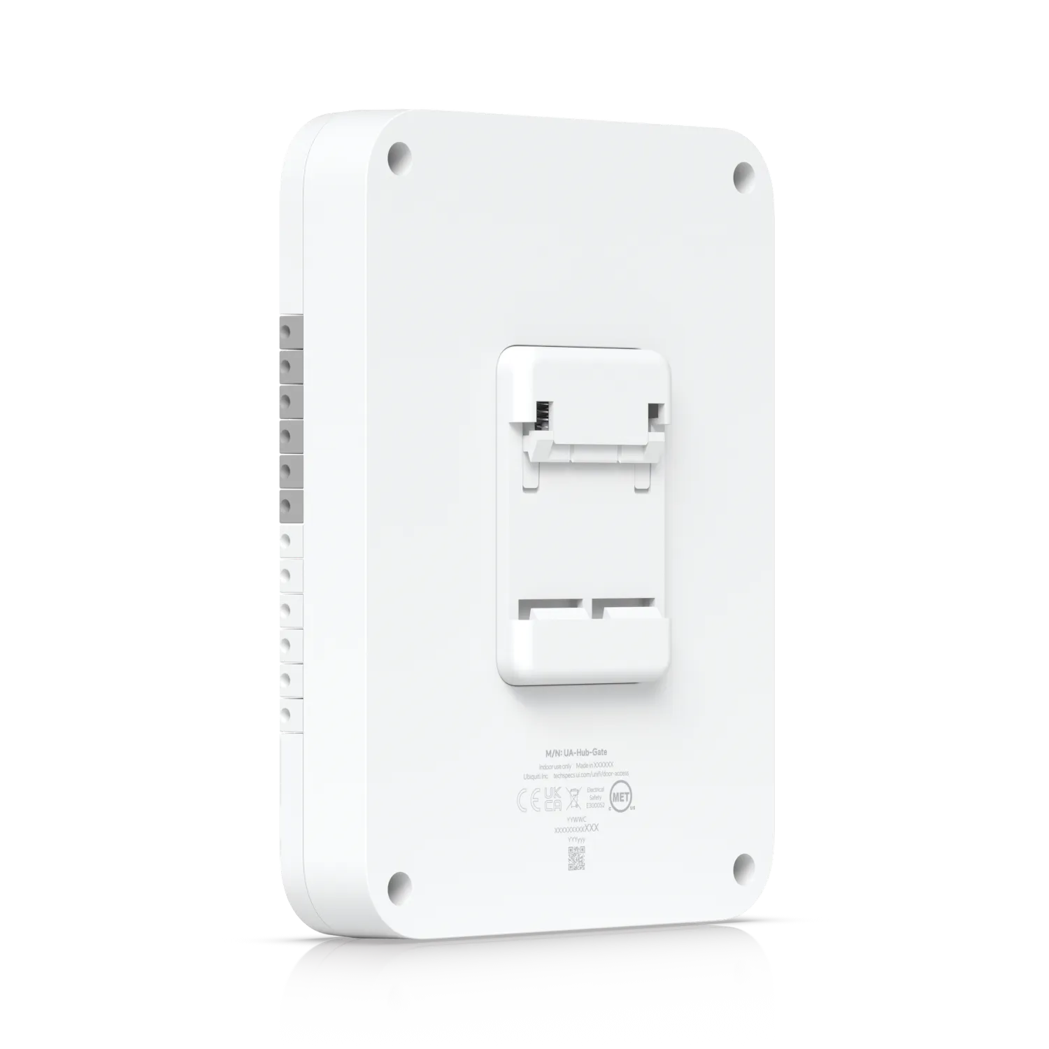 Ubiquiti Access Gate Hub rear view showing a white rectangular device with corner mounting holes, a central bracket, side Ubiquiti Access Gate Hub rear view showing a white rectangular device with corner mounting holes, a central bracket, side