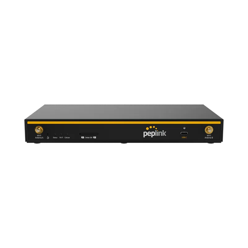 Dispositivo EssentialCare+ (4 años) para FlexModule Plus 2x 5G, vista frontal negra con franja amarilla, conectores de