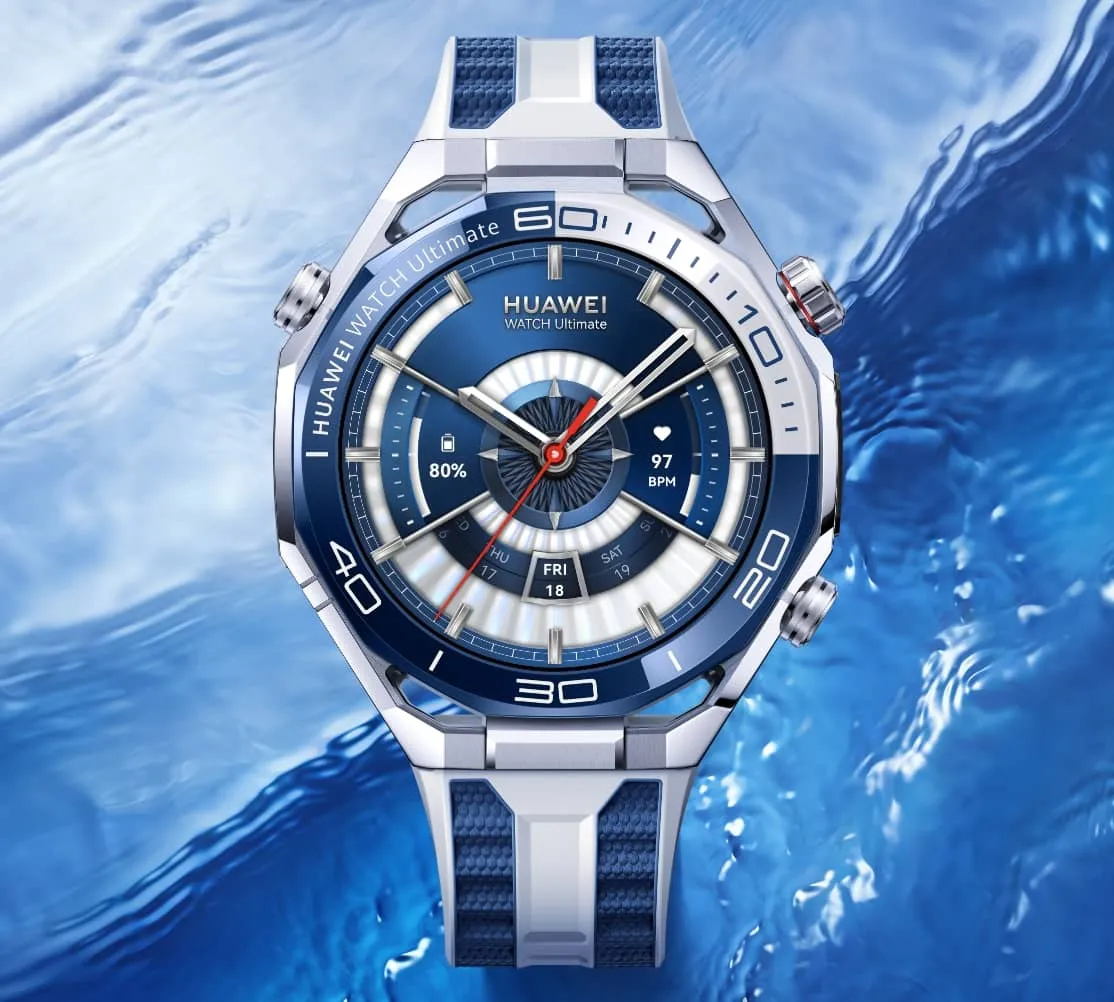 HUAWEI WATCH Ultimate 2 (March-B39) in green with blue bezel and strap, showing 80% battery, 97 BPM heart rate, and Friday