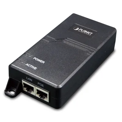 PLANET Single-Port Ultra PoE Injector 60W, iniettore PoE nero con LED POWER e ACTIVE, porte RJ45 LAN e PoE in primo piano. PLANET Single-Port Ultra PoE Injector 60W, iniettore PoE nero con LED POWER e ACTIVE, porte RJ45 LAN e PoE in primo piano.