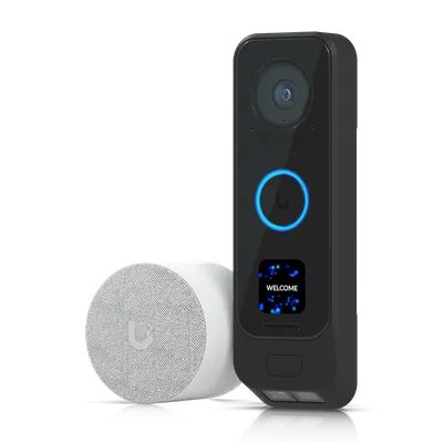 Ubiquiti Unifi Protect G4 Doorbell Pro PoE Kit weiß mit schwarzer Türklingel und weißer Gegensprechanlage auf schwarzem