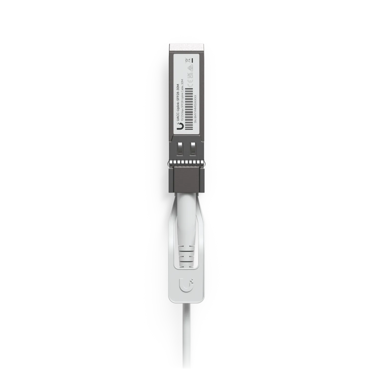 Ubiquiti SFP28 10/25Gbps 30m uplink cable with white transceiver module and strain relief boot on black background. Ubiquiti SFP28 10/25Gbps 30m uplink cable with white transceiver module and strain relief boot on black background.