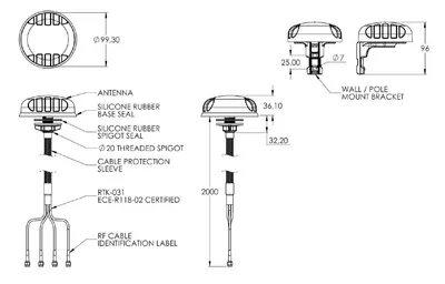 Poynting A-PUCK-0014-V2-01 5G/LTE-KFZ-Antenne schwarz mit RPSMA-Stecker 9 dBi in technischer Zeichnung mit Maßen und Poynting A-PUCK-0014-V2-01 5G/LTE-KFZ-Antenne schwarz mit RPSMA-Stecker 9 dBi in technischer Zeichnung mit Maßen und