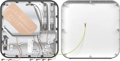 QuMax XR2 RUTX12 Kit mit LTE-Antennen, WLAN, GPS und Bluetooth – Innenansicht des Gehäuses mit Kupfer-LTE-Panel,