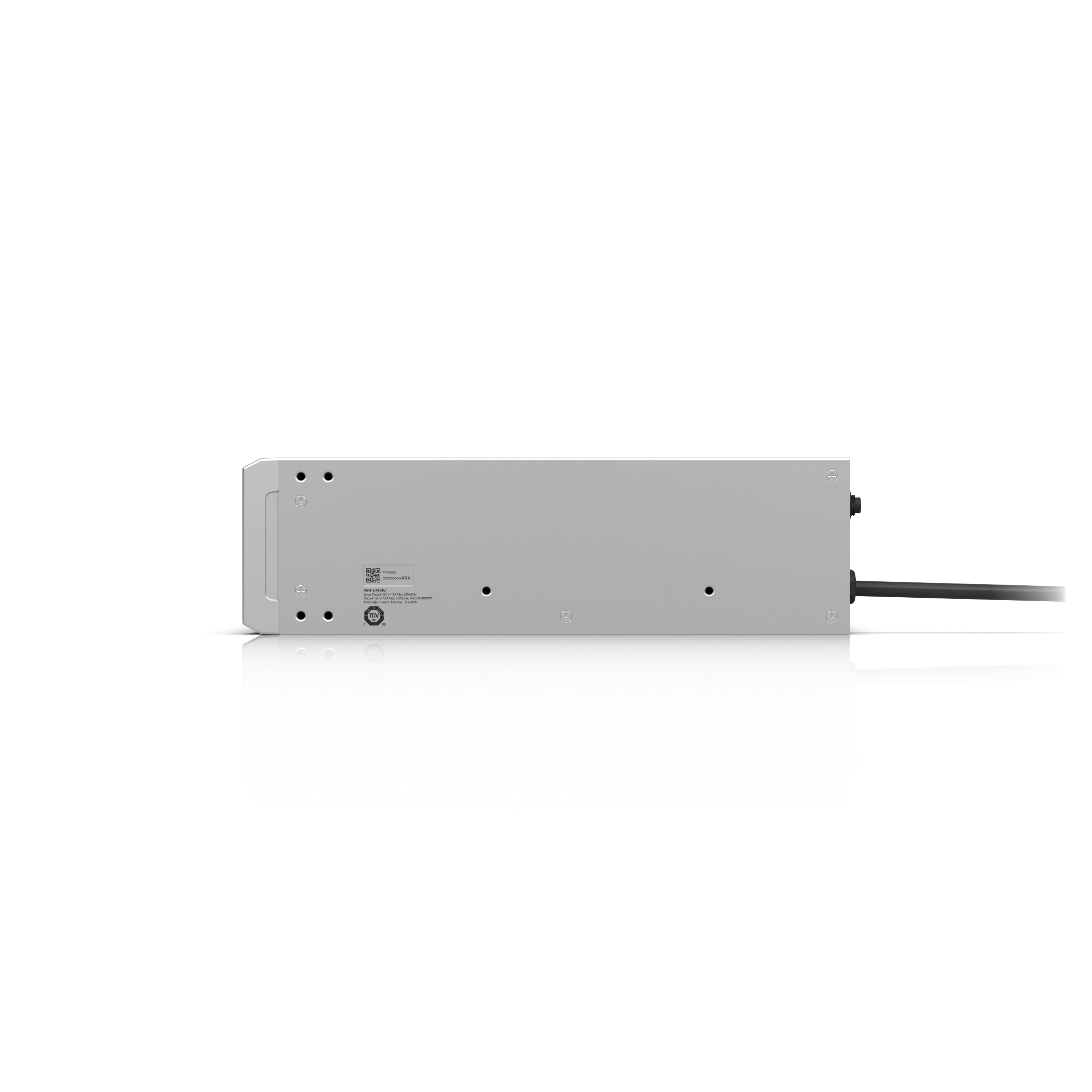 Ubiquiti Unifi UPS 19" 2U 1,5kVA Rückansicht mit Montageohren, Typenschild und Stromkabel auf weißem Hintergrund.
