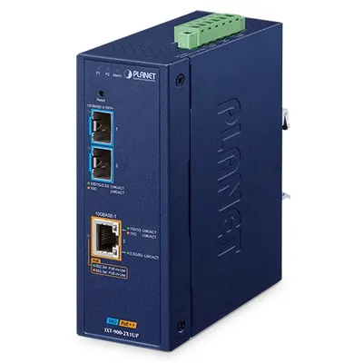Convertitore industriale PLANET EXT-900-2X1UP 10G rame a SFP+ con due slot SFP+, porta RJ45 10GBASE-T, LED di stato e Convertitore industriale PLANET EXT-900-2X1UP 10G rame a SFP+ con due slot SFP+, porta RJ45 10GBASE-T, LED di stato e