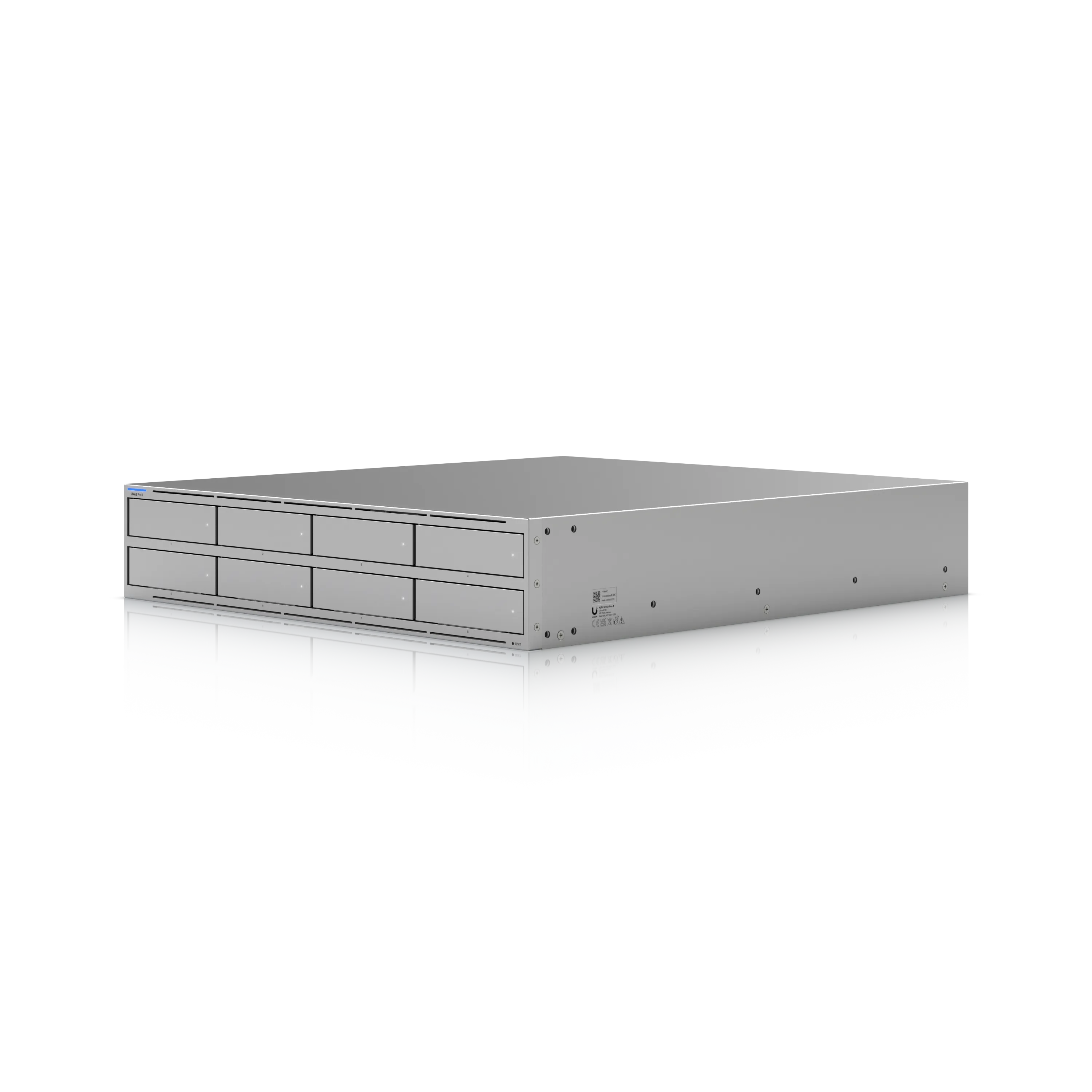 Ubiquiti UNAS-Pro-8, silver rack-mountable NAS with eight drive bays in two rows, shown against a black reflective