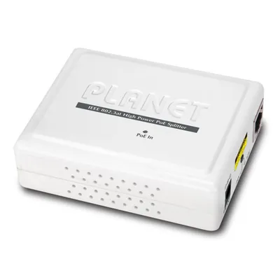 Iniettore PoE Ultra PLANET single-port 10/100/1000Mbps con logo e porta Ethernet visibili su dispositivo bianco per Iniettore PoE Ultra PLANET single-port 10/100/1000Mbps con logo e porta Ethernet visibili su dispositivo bianco per