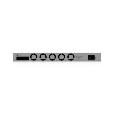 Ubiquiti UniFi Switch USW-Pro-XG-Aggregation Rückansicht mit 32 SFP28-Ports, zwei Netzteilanschlüssen und Lüftungsöffnungen Ubiquiti UniFi Switch USW-Pro-XG-Aggregation Rückansicht mit 32 SFP28-Ports, zwei Netzteilanschlüssen und Lüftungsöffnungen
