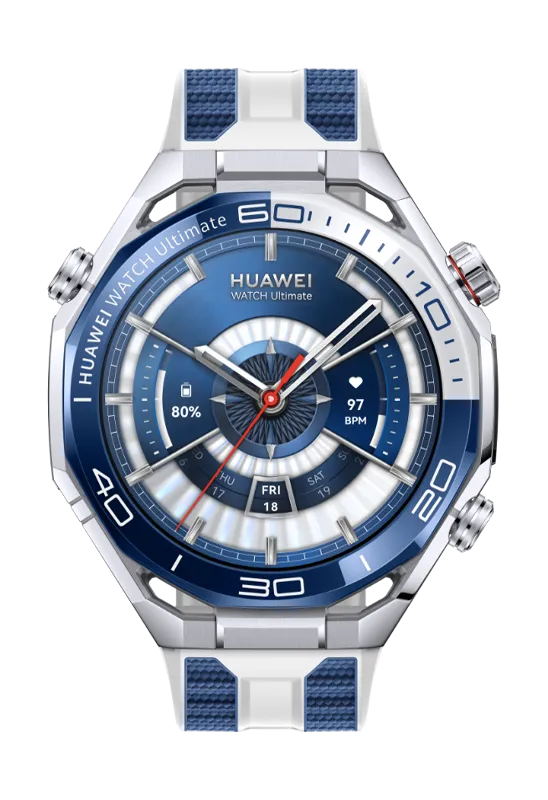 HUAWEI WATCH Ultimate 2 (March-B39) in green with silver case and blue textured strap showing analog watch face, 80%