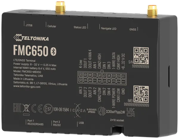 TELTONIKA TELEMATICS FMC650 4G LTE Cat 1 Tracker mit Back-Up-Batterie mit hoher Kapazität und externen Antennen EMEA
