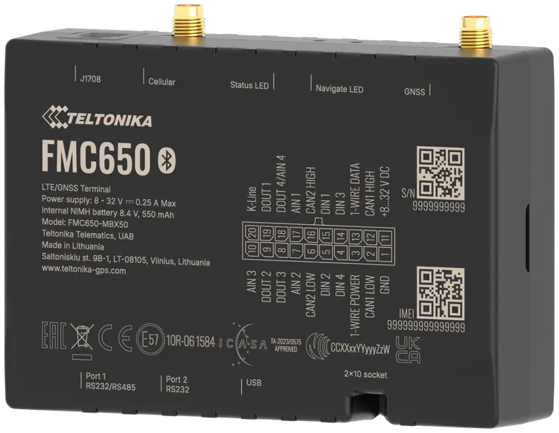 TELTONIKA TELEMATICS FMC650 4G LTE Cat 1 Tracker mit Back-Up-Batterie mit hoher Kapazität und externen Antennen EMEA