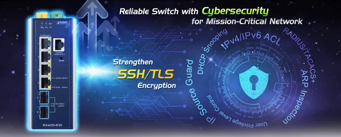 Switch PLANET IGS-6425-4T2X con 4 porte 2.5GBASE-T e 2 SFP+ 10G su sfondo digitale scuro per reti sicure con crittografia Switch PLANET IGS-6425-4T2X con 4 porte 2.5GBASE-T e 2 SFP+ 10G su sfondo digitale scuro per reti sicure con crittografia