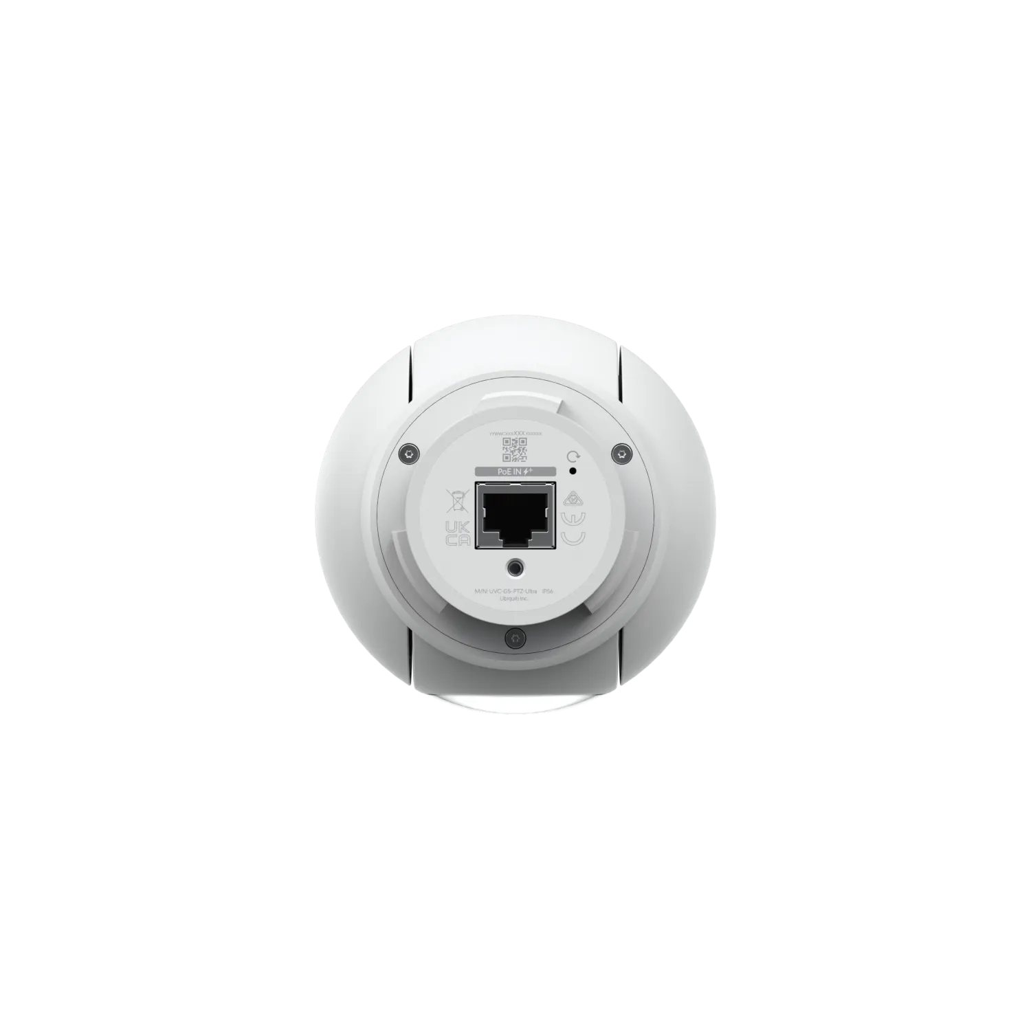 Ubiquiti UVC-G5-PTZ white PTZ camera rear view showing Ethernet port, reset button, and regulatory markings on a black Ubiquiti UVC-G5-PTZ white PTZ camera rear view showing Ethernet port, reset button, and regulatory markings on a black