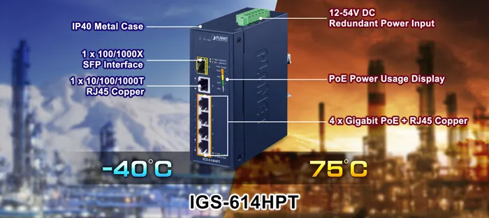 PLANET Industrial 4-Port PoE Switch +1xGE + 1xSFP IGS-614HPT