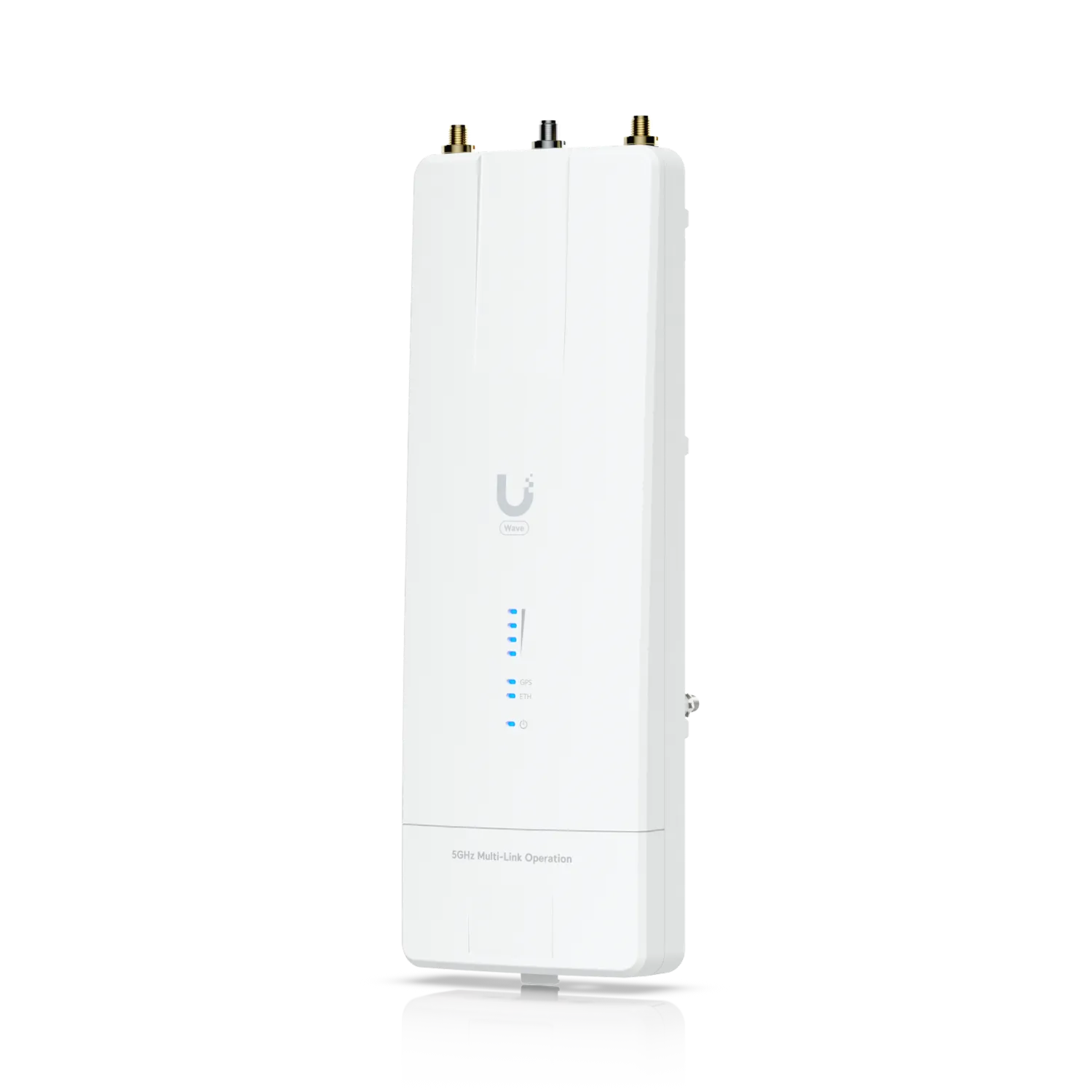 Ubiquiti Wave MLO5 Funkgerät mit 5 GHz, 5+ Gbps, 10 GbE und SFP+ Anschluss, weiße Einheit mit Logo, Status-LEDs und
