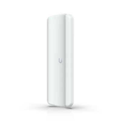 Puente Pro Sector UniFi de Ubiquiti, dispositivo blanco rectangular con bordes redondeados y logo gris en vista diagonal Puente Pro Sector UniFi de Ubiquiti, dispositivo blanco rectangular con bordes redondeados y logo gris en vista diagonal