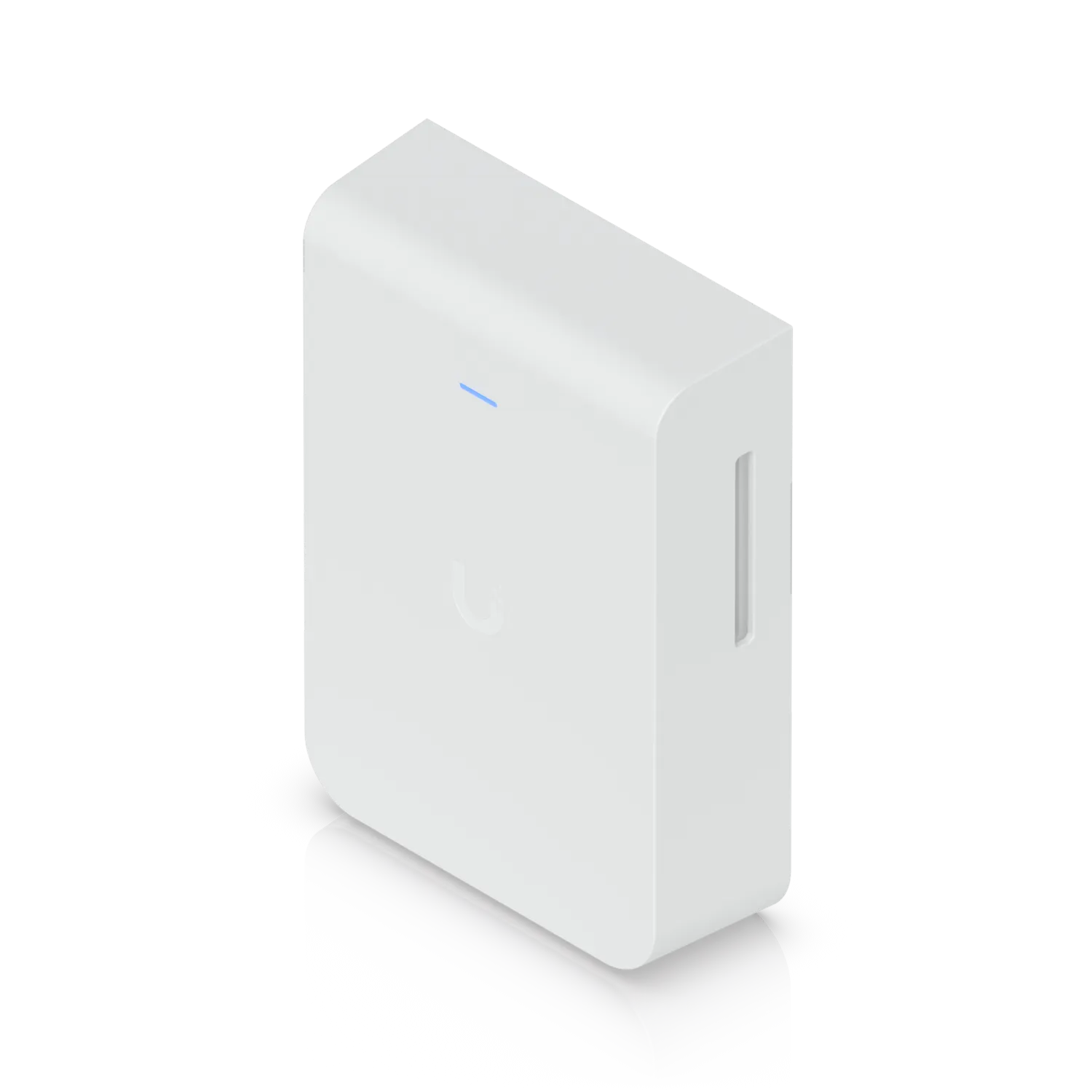 Ubiquiti U7-Pro-Wall abdeckbare weiße Wandabdeckung mit abgerundeten Ecken, blauer LED und seitlichem Schlitz auf schwarzem
