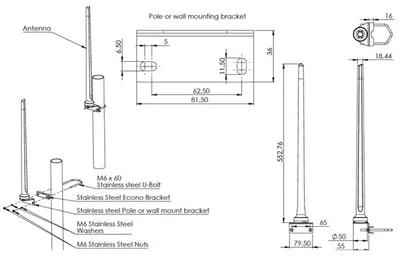 Poynting LoRa/Helium Omni-Antenne A-OMNI-0300-V2-01 grau 868-940 MHz mit 4,5 dBi Gewinn, technische Zeichnung mit Maßen und Poynting LoRa/Helium Omni-Antenne A-OMNI-0300-V2-01 grau 868-940 MHz mit 4,5 dBi Gewinn, technische Zeichnung mit Maßen und