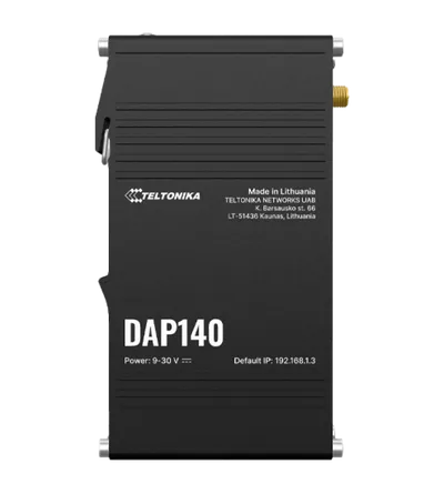 Teltonika DAP140 Accesspoint mit 2x1 Wi-Fi 4, 300 Mbit/s, schwarzes Gehäuse mit gerippter Oberfläche, Antennenanschluss und Teltonika DAP140 Accesspoint mit 2x1 Wi-Fi 4, 300 Mbit/s, schwarzes Gehäuse mit gerippter Oberfläche, Antennenanschluss und